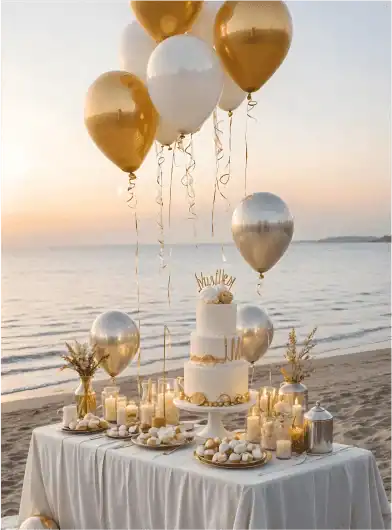 birthday | Greenwood Beach Resort, Cat Island, Bahamas Beach wedding cake table at sunset with gold and white balloons floating above and a three-tier cake surrounded by candles and pastries.