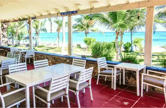 dining3 | Greenwood Beach Resort, Cat Island, Bahamas Outdoor seaside cafe with white tables and chairs under a covered patio, palm trees, and a blue ocean view in the background.